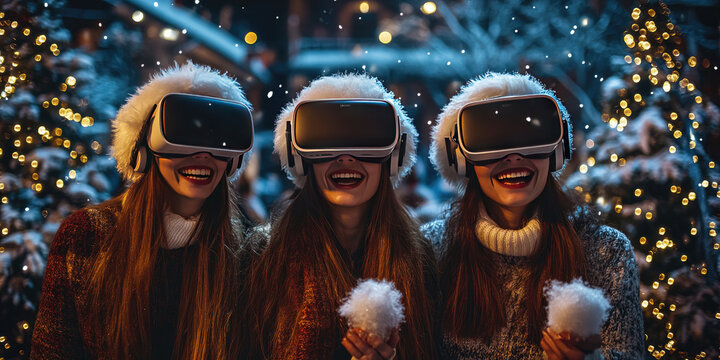 Friends wearing VR headsets at a Christmas party, laughing and interacting with virtual snowball games, festive lights around