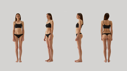 Full-body female model in black underwear shown from multiple angles with neutral expression. Concept of fashion design reference, apparel fitting, modeling portfolio, e-commerce catalog.