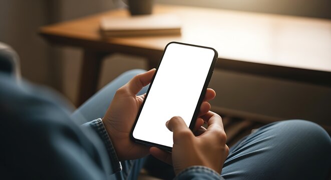 Man using smartphone with blank white screen, mockup template for app, social media, or website advertisement