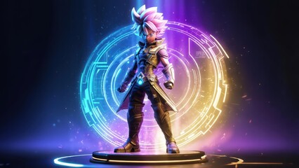 Cybernetic Anime Hero with Pink Hair Poised on a Luminous Holographic Platform