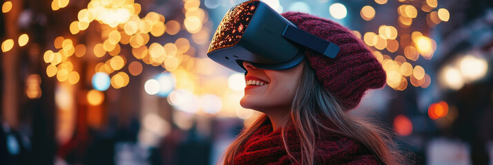 Winter-clad woman experiencing festive magic, wearing virtual reality headset amid glowing Christmas lights in snowy landscape, blending technology with seasonal wonder