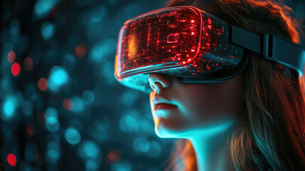 A young Caucasian girl with curly brown hair wears a virtual reality headset. The background features soft blue lights, creating a festive atmosphere for Christmas 2026.