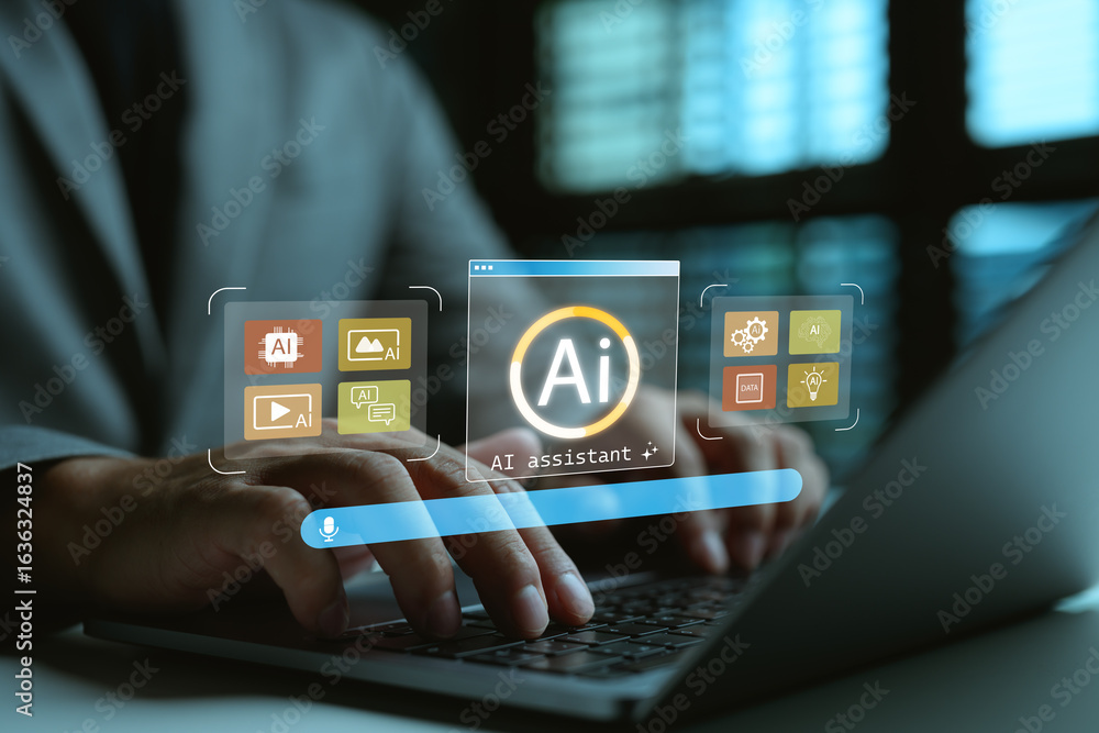 Aufkleber person working on laptop with ai assistant interface, representing artificial intelligence support f