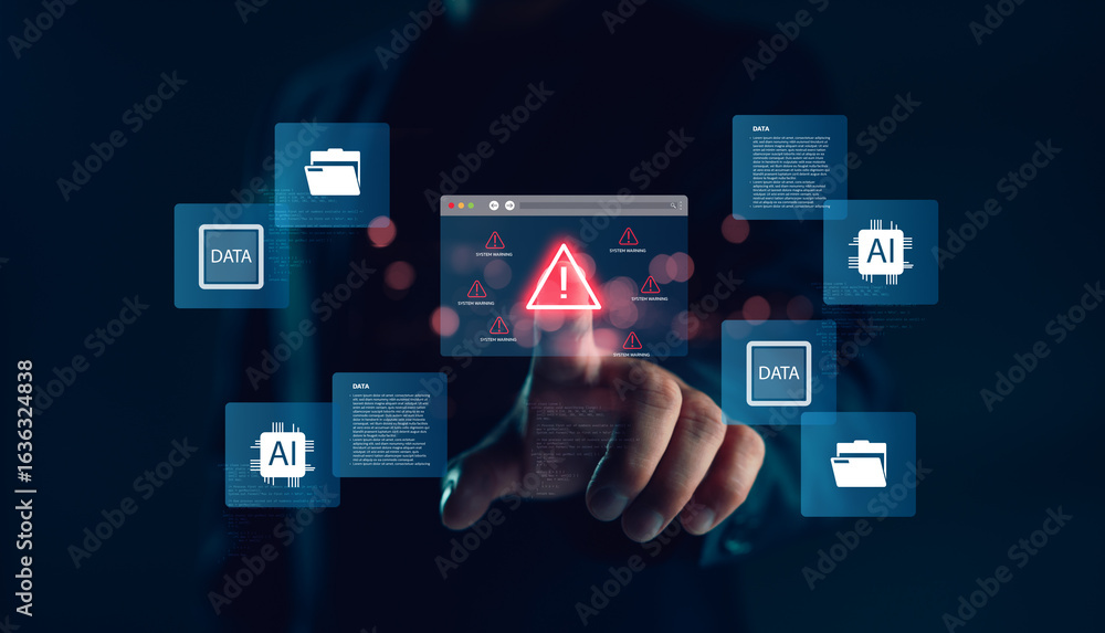 Aufkleber cybersecurity concept with ai and big data icons, showing system warning alert for data breach risk,
