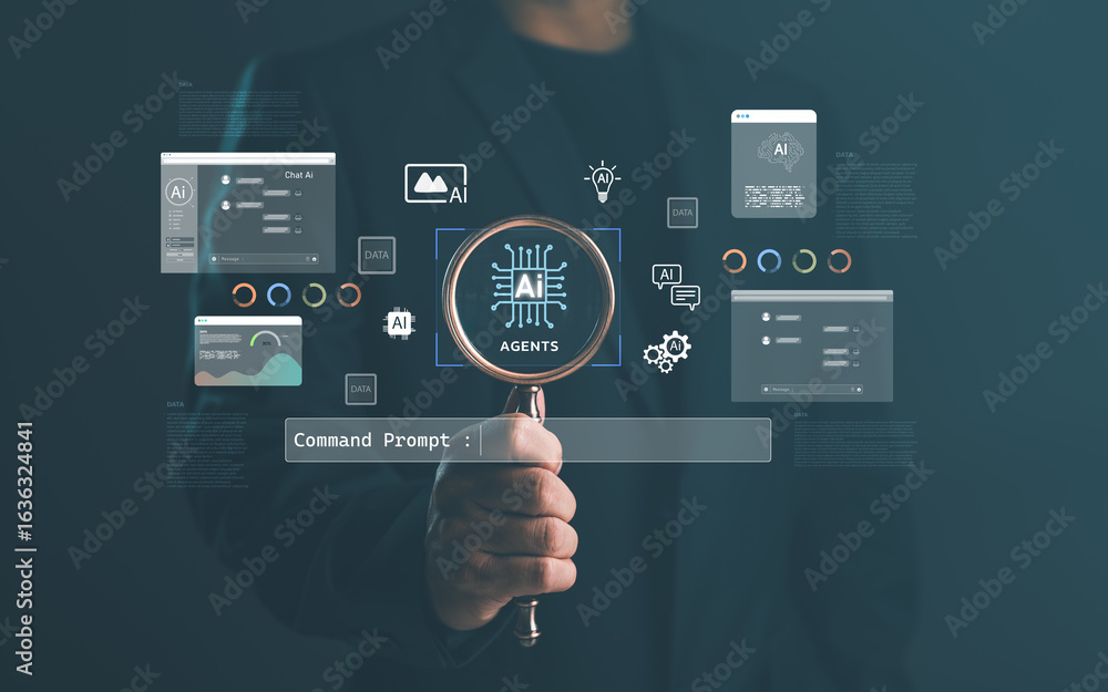 Aufkleber artificial intelligence agents concept with magnifying glass focusing on ai chip icon, surrounded by