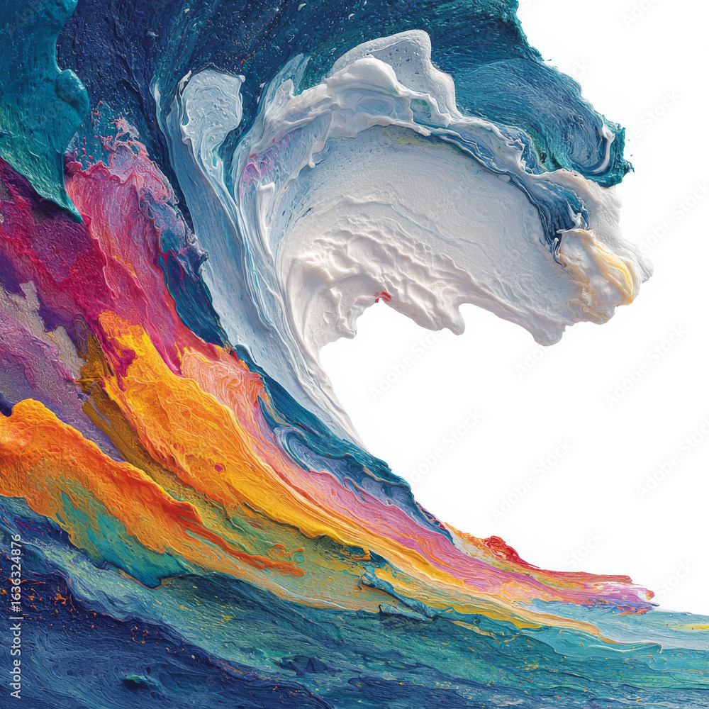 Poster vibrant abstract wave of colorful paint swirls dynamically against white background, creating sense 