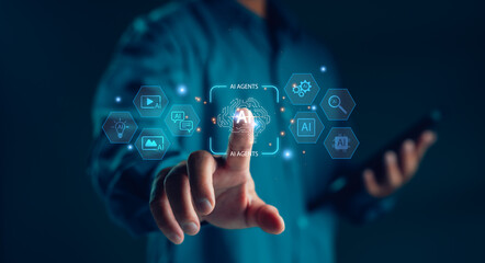A businessman interacts with a virtual interface displaying AI agents and futuristic technology icons, representing artificial intelligence innovation and digital transformation.