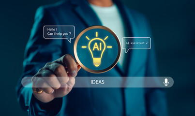 Businessman searching for the right AI assistant, symbolizing artificial intelligence solutions for work efficiency, idea generation, and innovative technology in modern business.