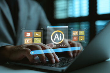 Person working on laptop with AI assistant interface, representing artificial intelligence support for daily tasks, data management, creative projects, and modern digital productivity.
