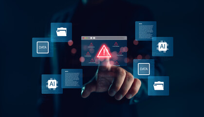 Cybersecurity concept with AI and big data icons, showing system warning alert for data breach risk, protecting digital information and artificial intelligence systems from cyber threats.