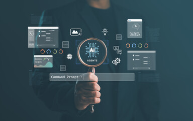 Artificial intelligence agents concept with magnifying glass focusing on AI chip icon, surrounded by data and analytics elements, representing AI research, automation, and technology innovation.