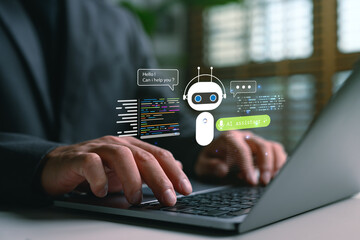 Web developer using AI assistant on laptop to write and debug code, symbolizing artificial intelligence integration in programming, software development, and modern coding solutions.