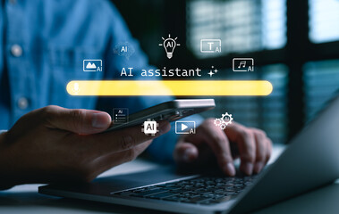 Person using AI assistant technology on smartphone and laptop, representing artificial intelligence support for multitasking, data processing, creative work, and modern digital productivity.