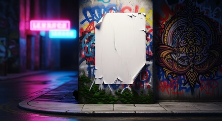 Fototapeta premium Blank Torn Poster on Graffiti Wall in Urban Alleyway with Neon Lights
