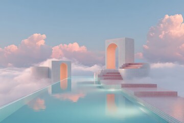 Dreamy surreal architectural landscape with serene infinity pool reflecting soft pink clouds and pastel sky, evoking tranquility and wonder