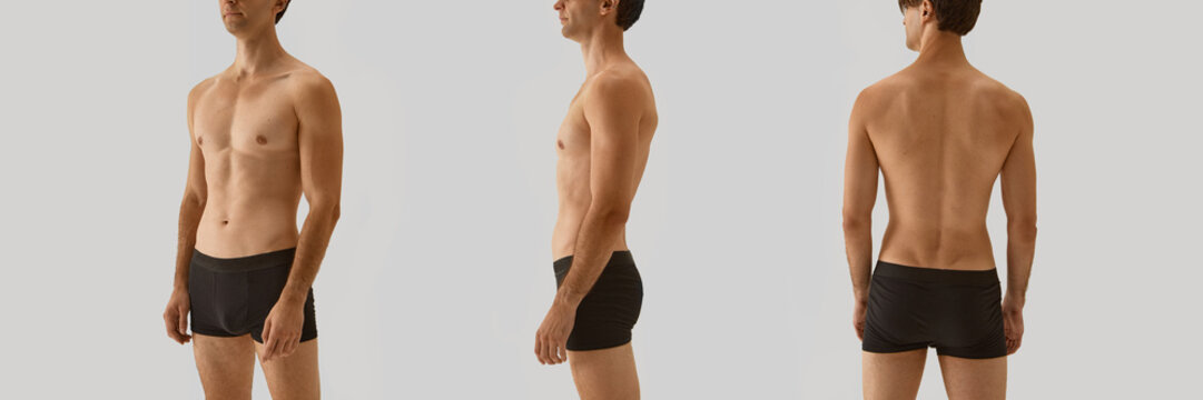 Male model in black boxer briefs displayed from front, side, and back views. Concept of menswear design, apparel fitting, modeling portfolio, e-commerce catalog, garment showcase.