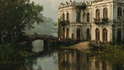 Fototapeta premium A weathered mansion reflects on a misty canal, with a bridge leading to it. Lush foliage surrounds the scene
