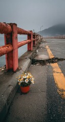 A small potted daisy plant sits on a cracked road next to a red metal railing. Misty gray sky over water