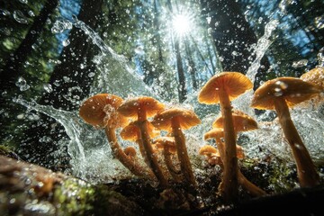 Cluster of mushrooms erupting from water spray in a sunlit forest