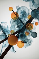 Abstract composition of intersecting lines, orbs, and wispy smoke.  Vibrant, muted orange and teal orbs float amidst dark teal smoke, with contrasting dark brown/black lines intersecting the scene