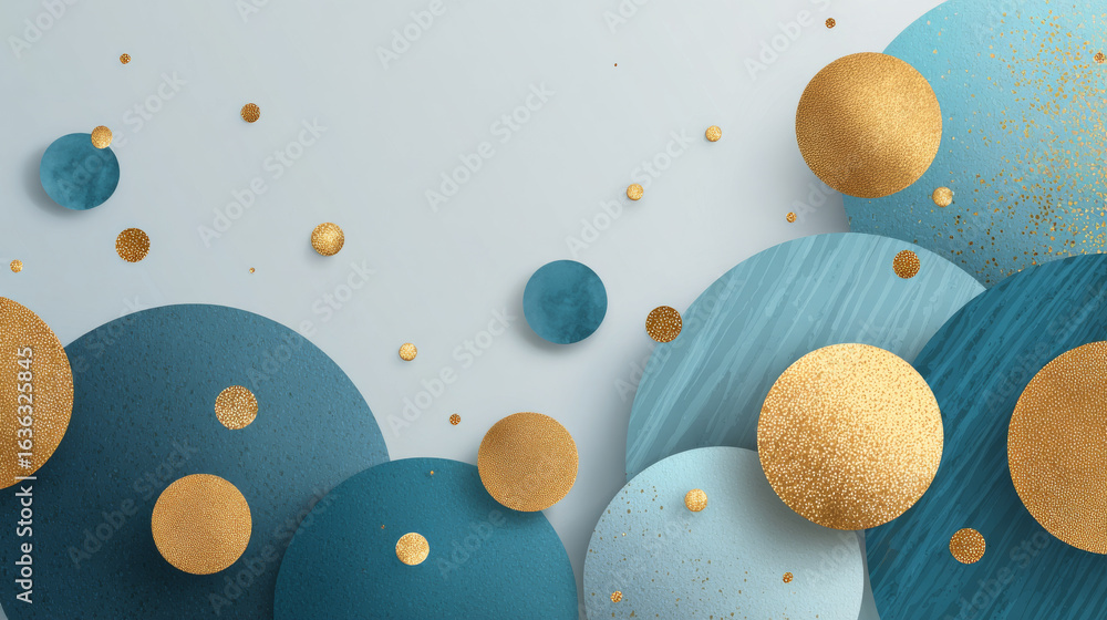 Poster abstract composition with layered blue and gold circles on minimal white background, creating sense 