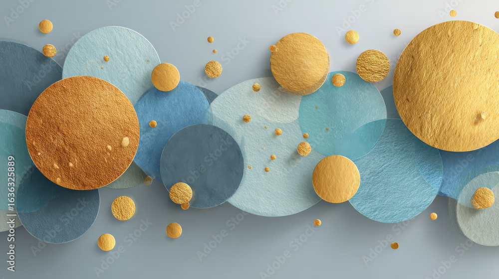 Poster abstract composition with overlapping blue and gold circles on minimal background, creating sense of