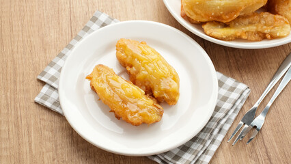 Fried banana with kaya jam or pisang goreng selai srikaya, Indonesian food

