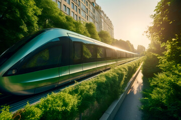 Futuristic eco-city tram in lush green urban jungle