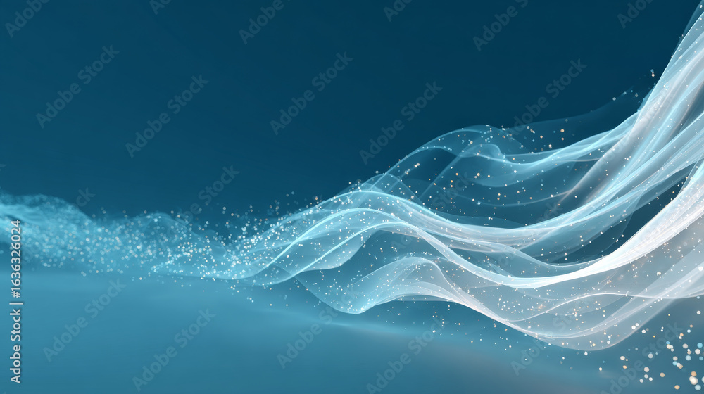 Poster flowing wave of translucent white lines and sparkling particles gracefully moves across gradient blu