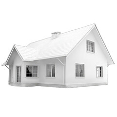 Monochrome illustration of a single-family home.  Simple, white exterior, gable roof, and multiple windows.  Clean lines, 3-D perspective