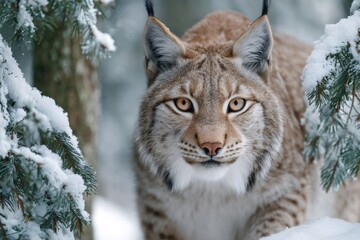 Obraz premium Eurasian lynx staring in snowy forest habitat