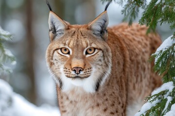 Fototapeta premium Eurasian lynx standing in snowy forest habitat