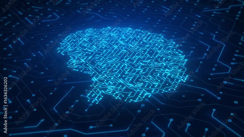 Poster glowing blue circuit board brain – futuristic neural network and digital technology animation backgr