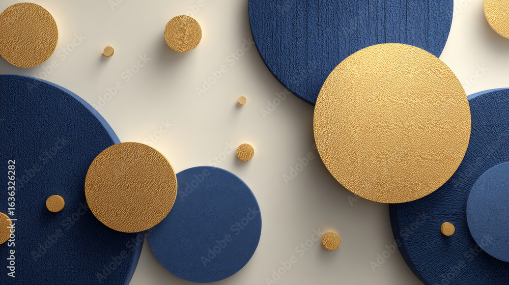 Poster abstract composition with textured blue and gold circles on minimal beige background, creating moder