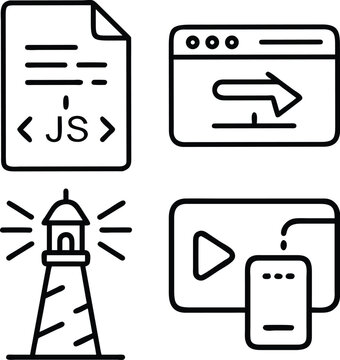 A collection of four simple line art icons representing web development concepts: JavaScript code, a browser window, a lighthouse, and mobile device integration.