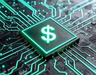 Dollar sign on glowing circuit board
