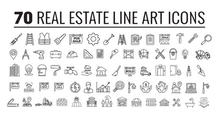 Collection of 70 Real Estate Line Art Icons - Representing Various Aspects of the Housing Market and Construction Industry in Detailed Line Art.