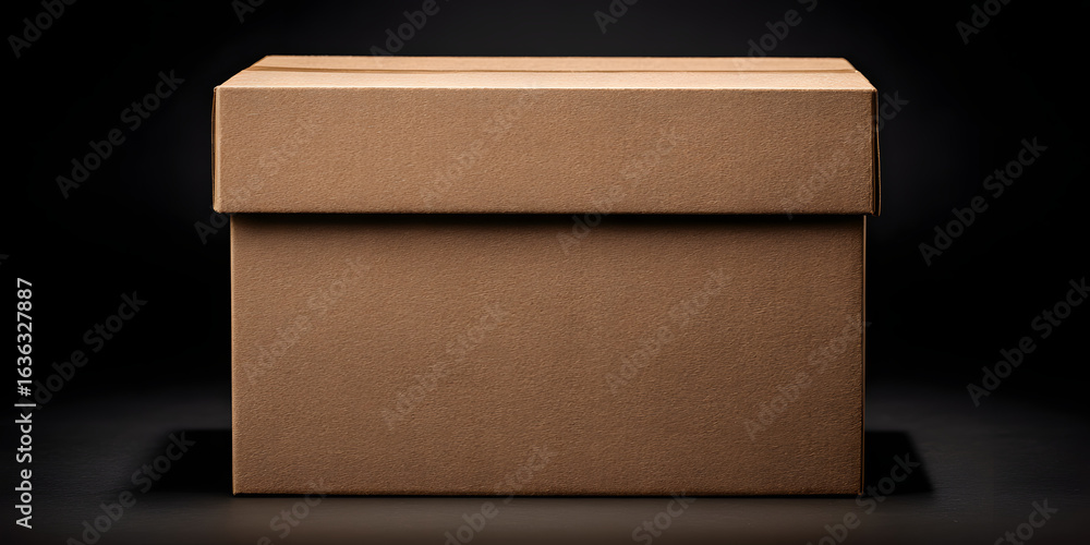 Poster closed brown cardboard box positioned at the center against a solid black background with ample copy
