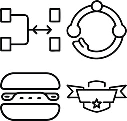 A collection of four simple black and white outline icons, featuring a flowchart, a circular process, a hamburger, and a badge with a ribbon.
