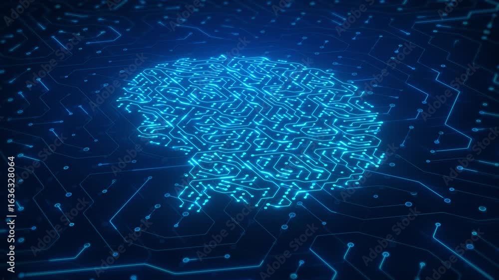 Aufkleber glowing blue circuit board brain – futuristic neural network and digital technology animation backgr