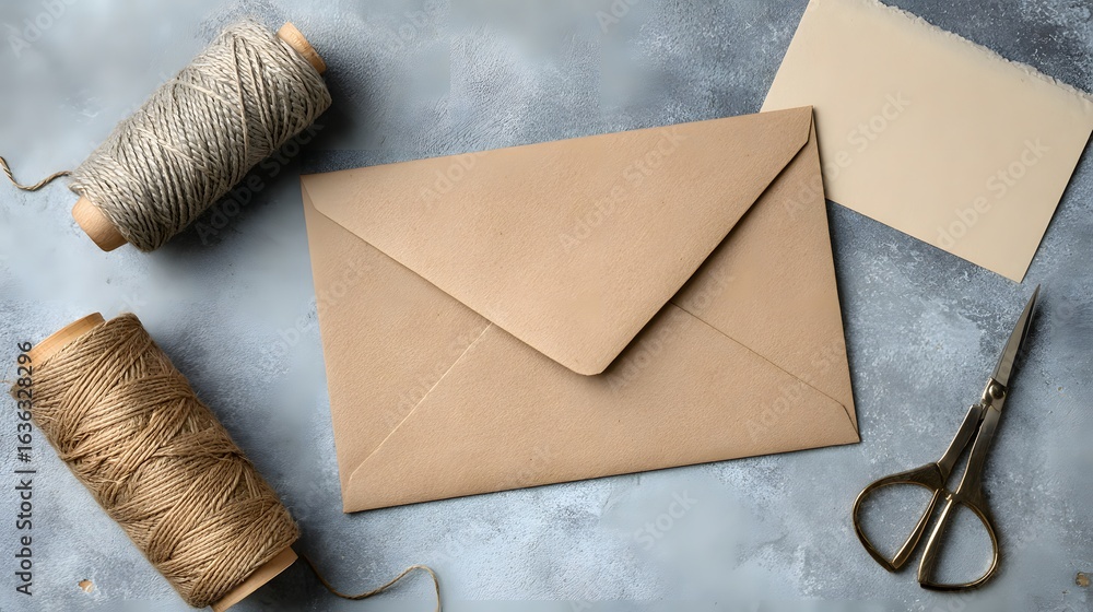 Poster recycled paper envelope with twine and scissors on a mottled surface.