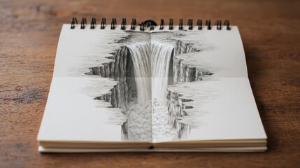 3 d waterfall pencil drawing on notebook