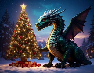 Dragon by Christmas tree in snowy village