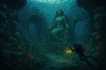 Diver with lantern exploring ancient underwater city with mermaid statue