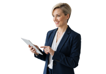 Confident woman in a black blazer and white blouse, holding a tablet, smiling warmly against a transparent background (PNG).
