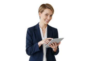 Confident woman in a black blazer and white blouse, holding a tablet, smiling warmly against a transparent background (PNG).
