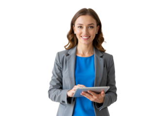 A professional woman in a stylish blue blazer holds a tablet, smiles against a transparent background, and radiates confidence and energy (PNG).