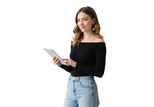 Confident woman in an off-the-shoulder black top and jeans, holding a tablet, smiling warmly against a transparent background.
(PNG).