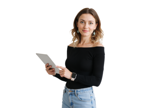 Confident woman in an off-the-shoulder black top and jeans, holding a tablet, smiling warmly against a transparent background.
(PNG).