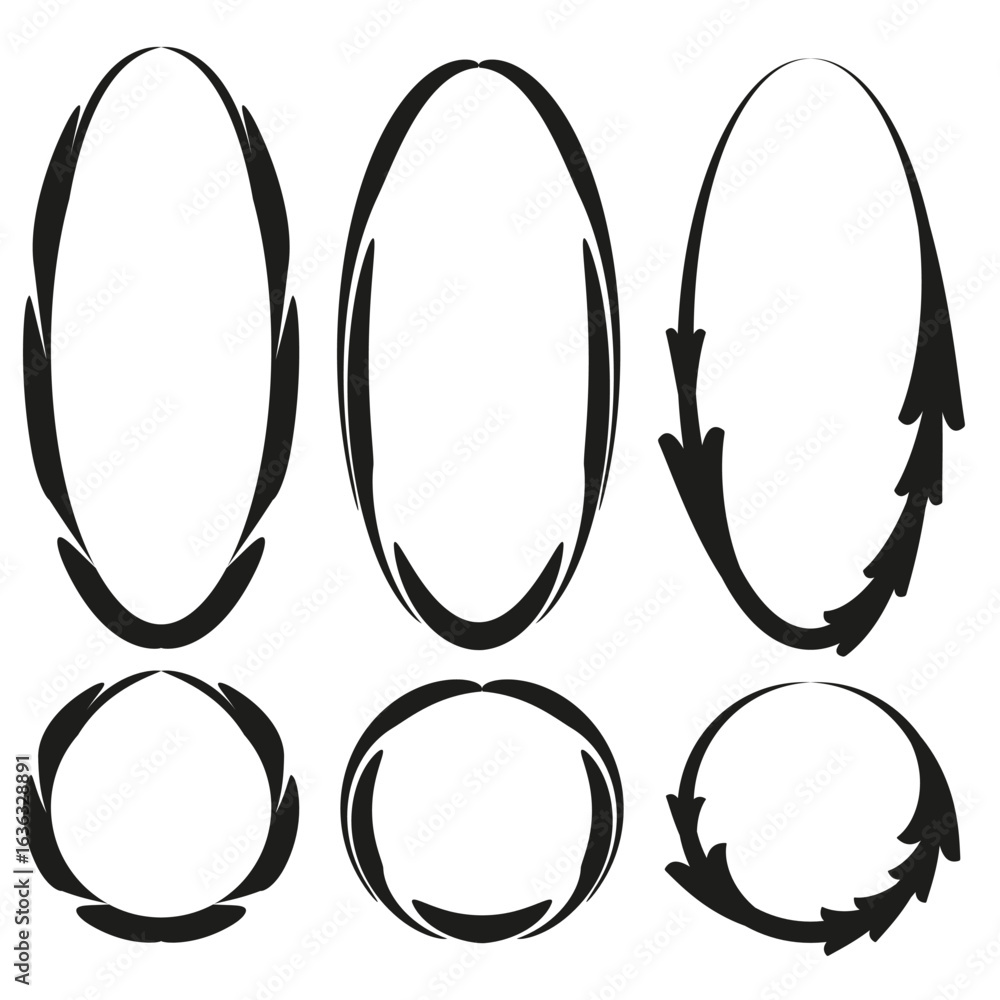 Poster grunge oval frames. vector black line. rough texture border. distressed element set.